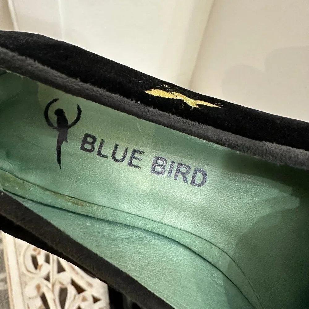 Blue bird gold embroidered bee black velvet smoking loafer
